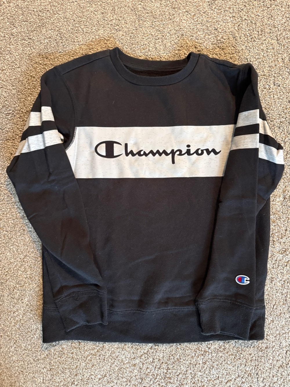 Champion Black Crewneck Sweatshirt with White Chest Stripe